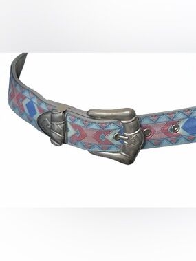 Nuovo Vintage Fabric Belt Southwestern Pink Blue Pattern Silver SMALL 5 90s 80s